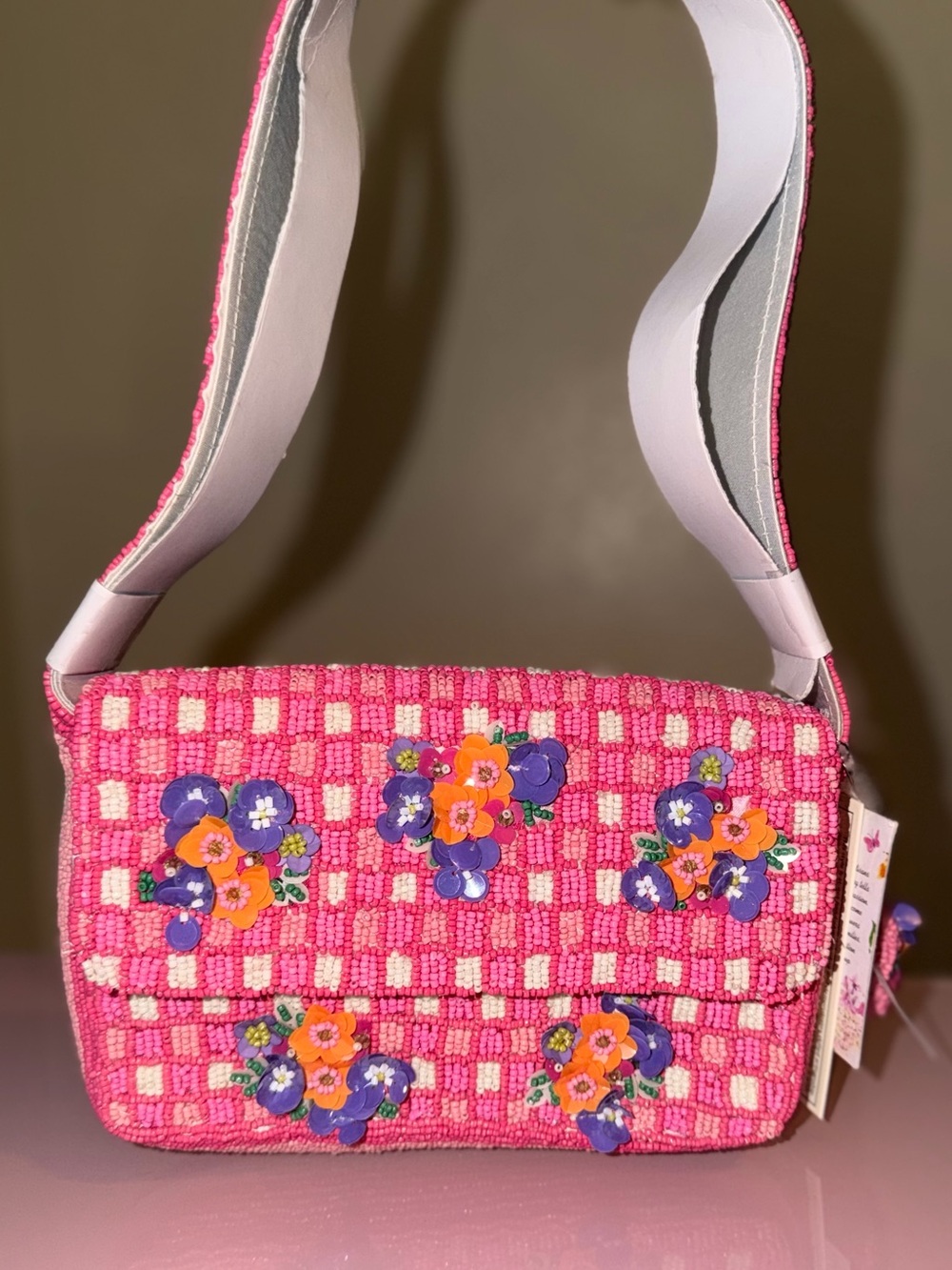 NWT Pink Floral Beaded Shoulder Bag with White Strap Handmade India Coquette Y2K